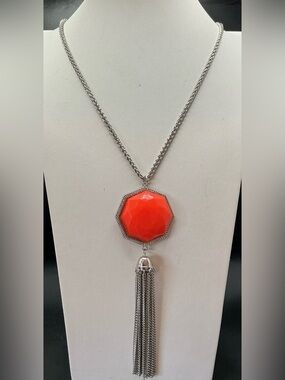 HEAVY WEIGHT SILVER TONE NECKLACE WITH ORANGE TASSEL LARGE PENDANT